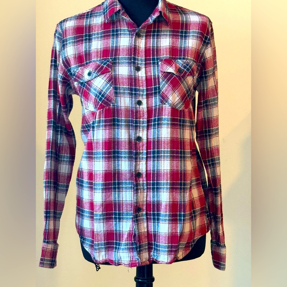 Red, Light Brown, and Black Plaid Button-Up Shirt With Pockets